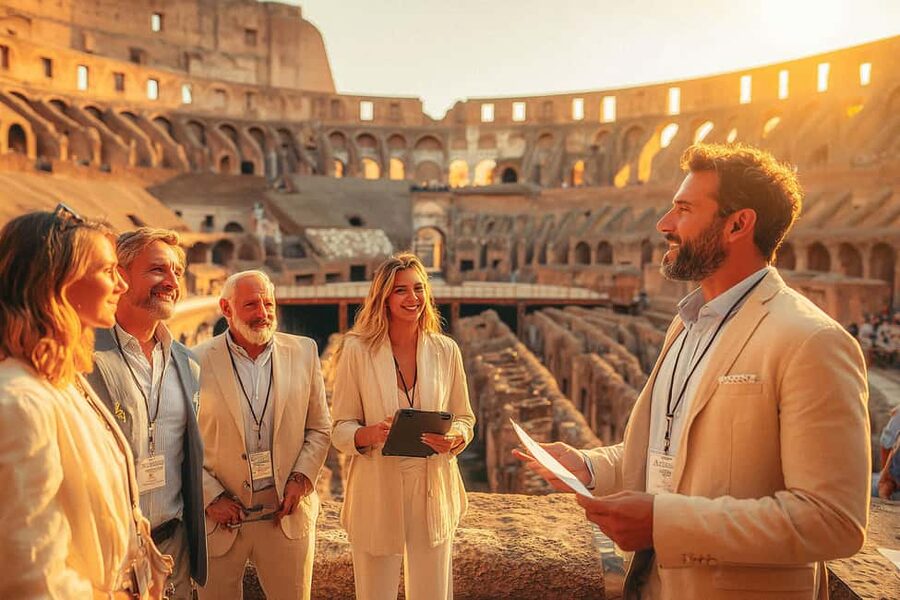 Rome: Colosseum Arena Twilight Tour & Imperial Forum Visit - Entering through the arena and upper levels